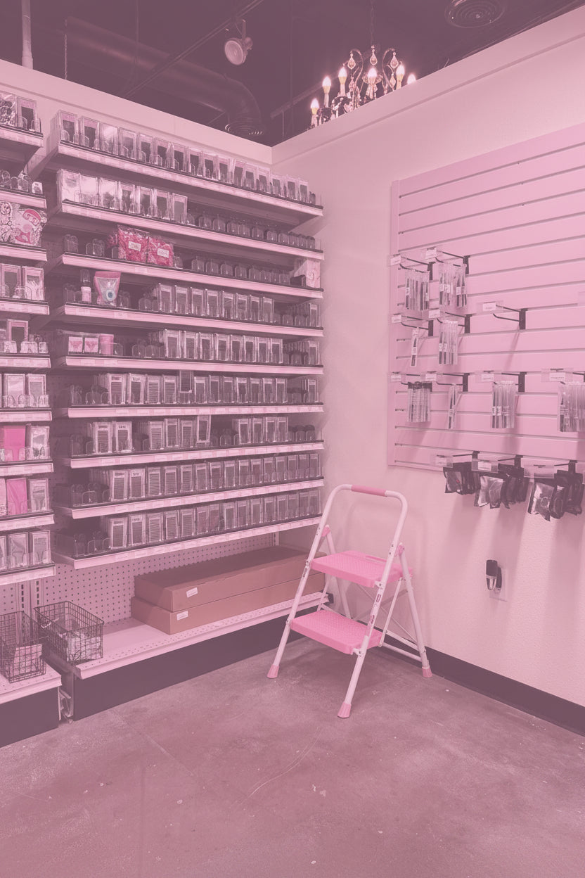 A retail display shelf unit with multiple rows of small packaged items, alongside pink wall-mounted racks and a pink-and-white folding chair in a store interior.